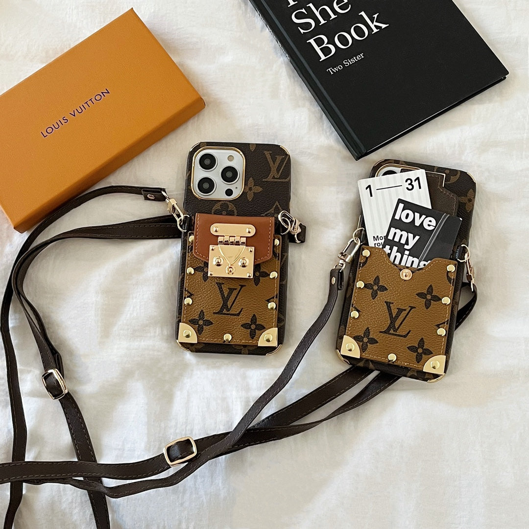 Stylish LV iPhone Case with Card Holder and Crossbody Strap