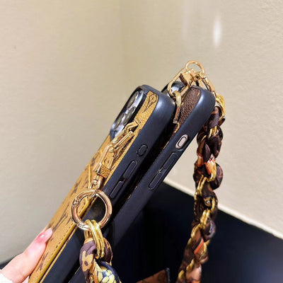 Fashionable LV Phone Cover with Built-in Card Holder and Sleek Hand Chain