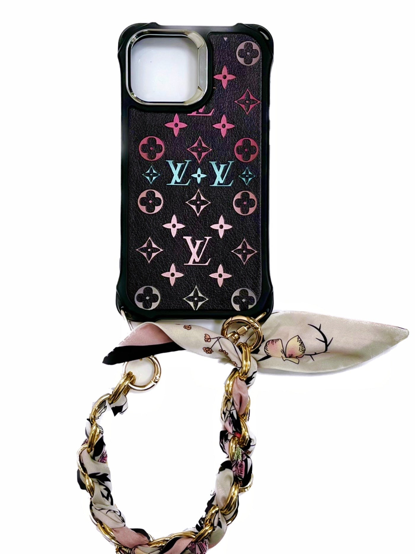 Designer LV Phone Case with Lux Chain Strap hanging from a wrist