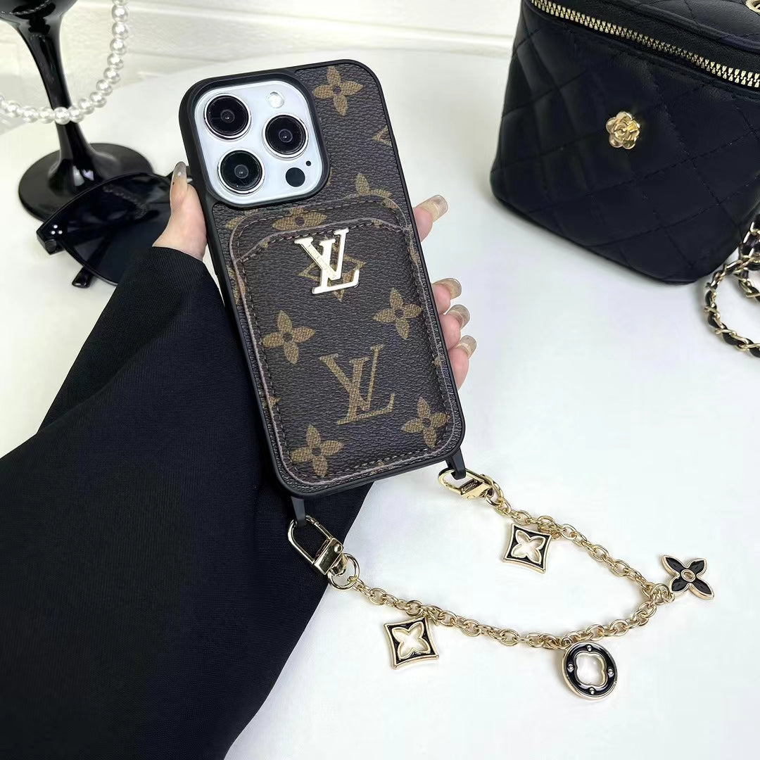 Luxury LV Monogram Chain Wallet Phone Case – Stylish Charm Design with Card Holder