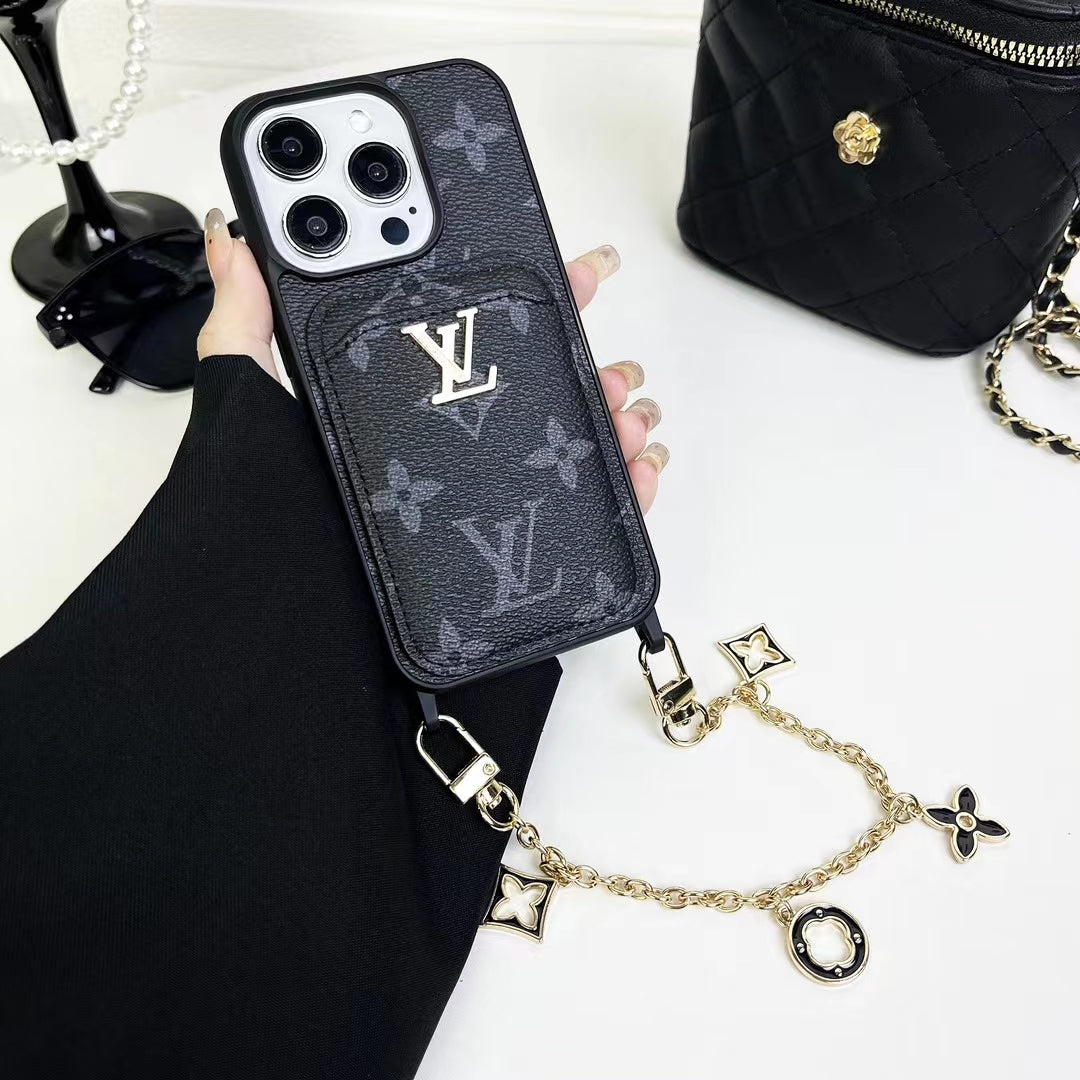 Luxury LV Monogram Chain Wallet Phone Case – Stylish Charm Design with Card Holder