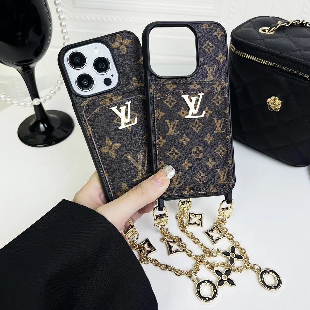 Luxury LV Monogram Chain Wallet Phone Case – Stylish Charm Design with Card Holder