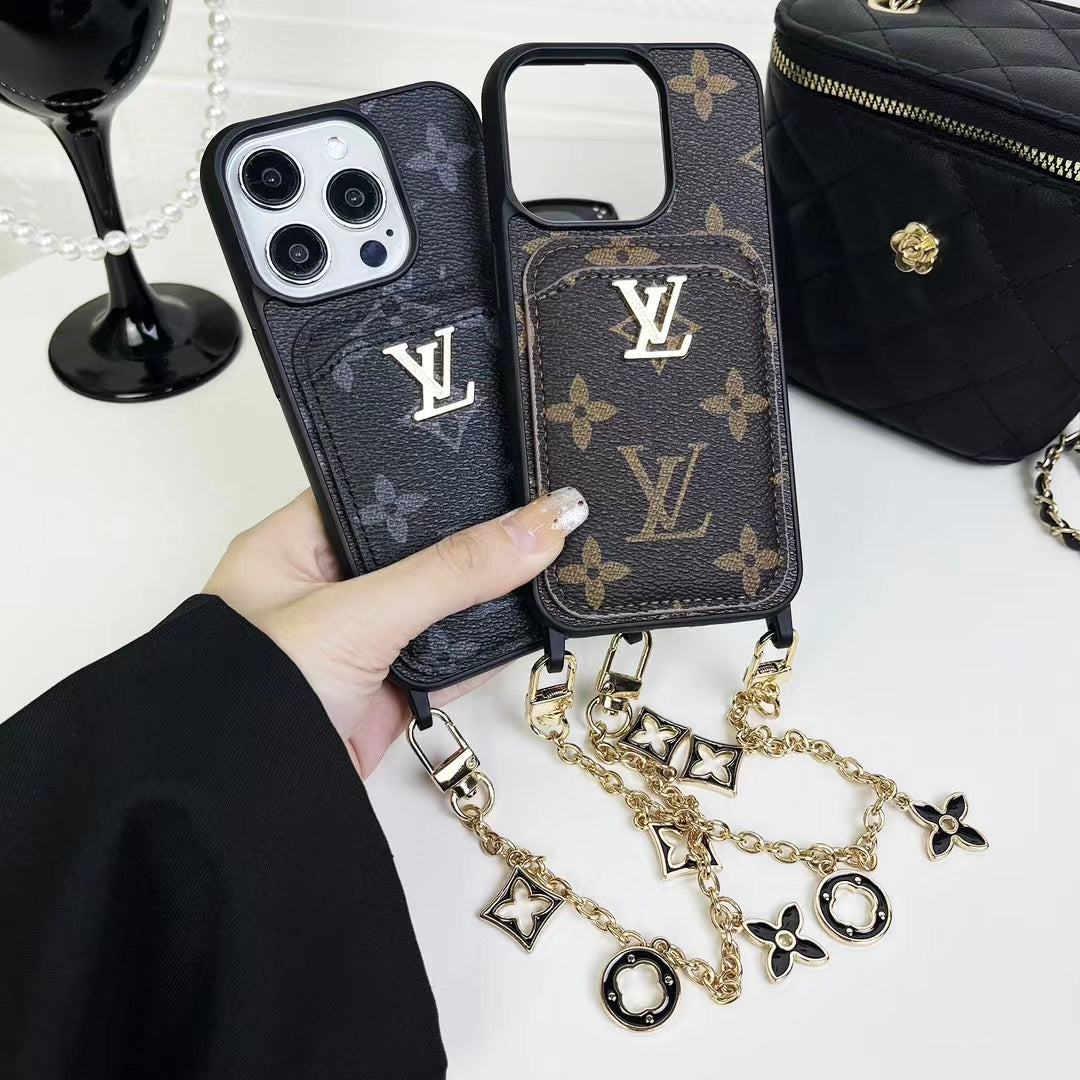 Luxury LV Monogram Chain Wallet Phone Case – Stylish Charm Design with Card Holder