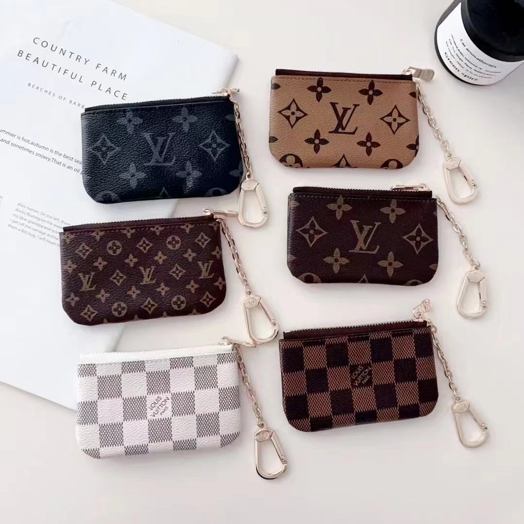 Luxury LV-Inspired Monogram Coin Pouch Collection with Chain Clip