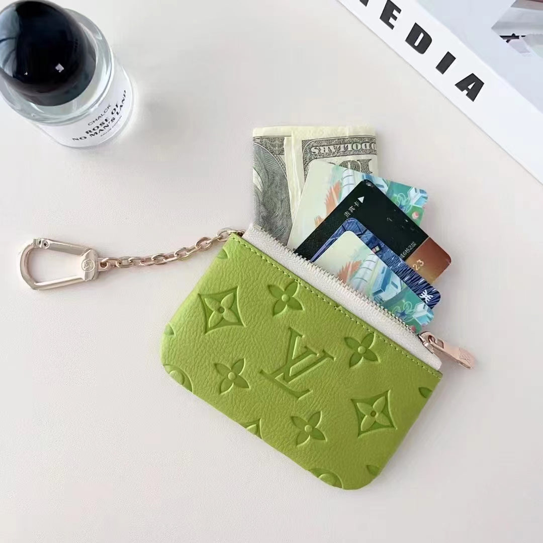 Colorful LV-Inspired Embossed Coin Pouch Collection with Chain Clip