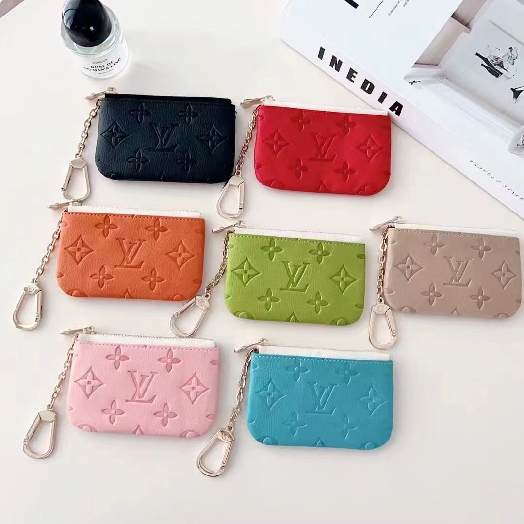 Colorful LV-Inspired Embossed Coin Pouch Collection with Chain Clip