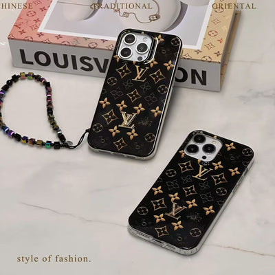 Luxury Black Monogram iPhone Case with Gold Accents and Charm Strap