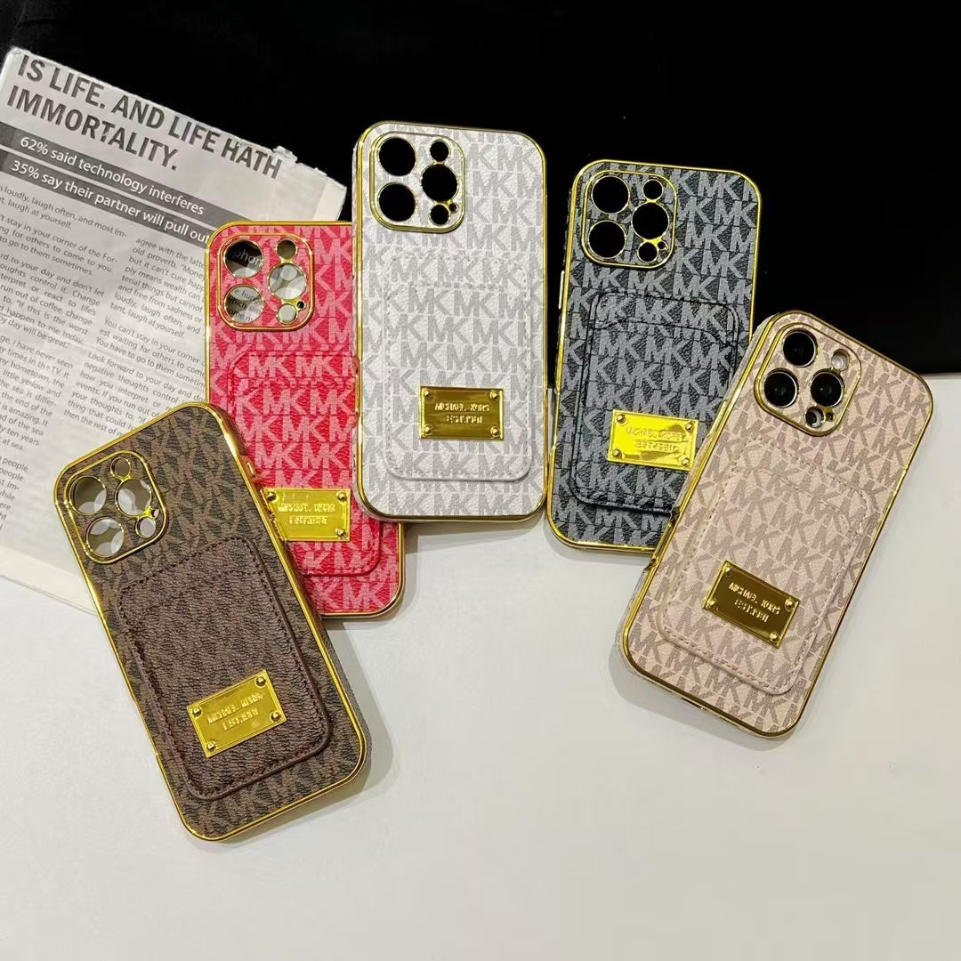 Luxury MK-Inspired Card Holder iPhone Case with Gold Frame