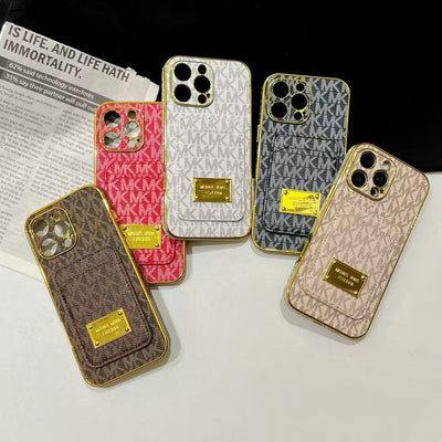 Luxury MK-Inspired Card Holder iPhone Case with Gold Frame