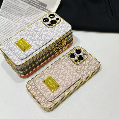 Luxury MK-Inspired Card Holder iPhone Case with Gold Frame