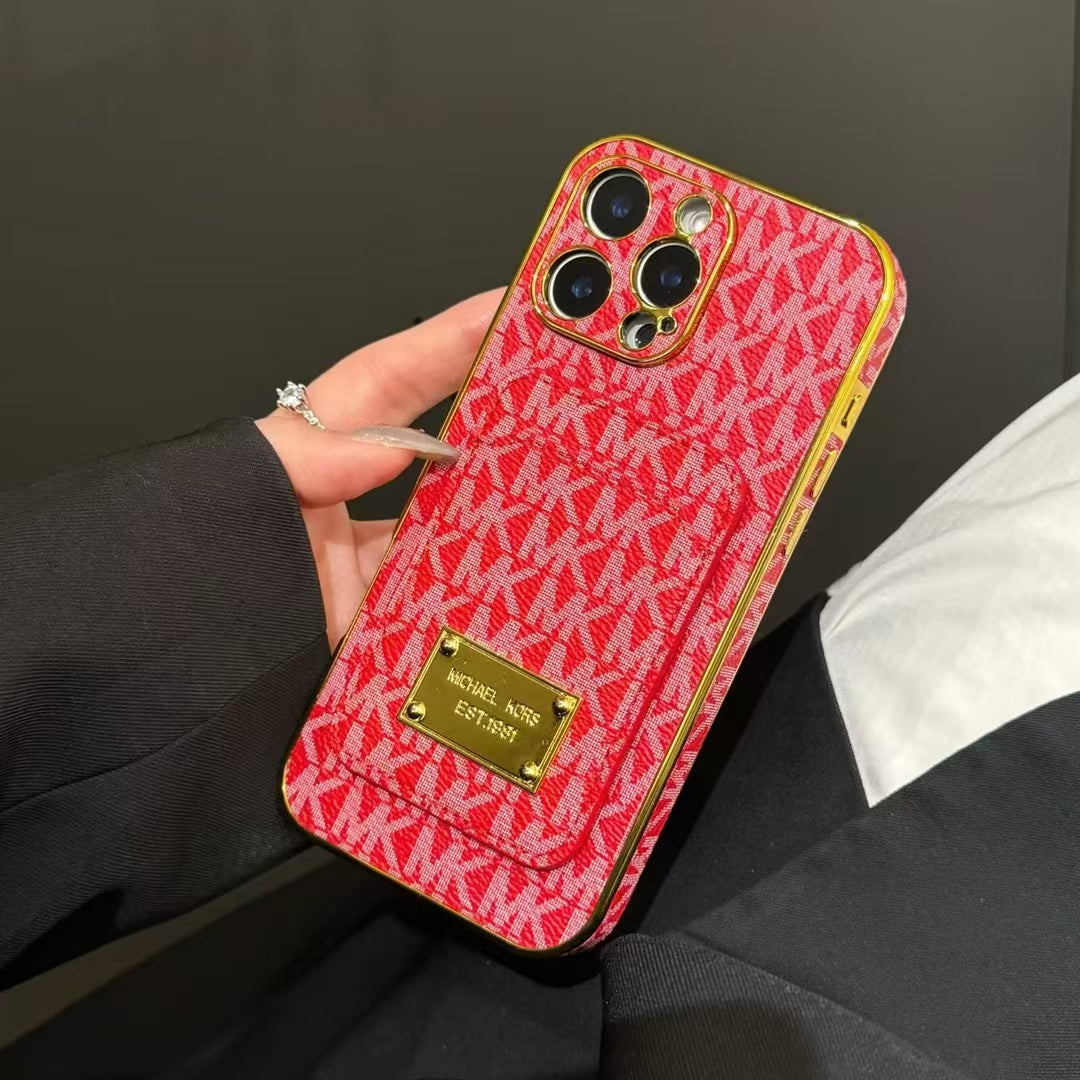 Luxury MK-Inspired Card Holder iPhone Case with Gold Frame