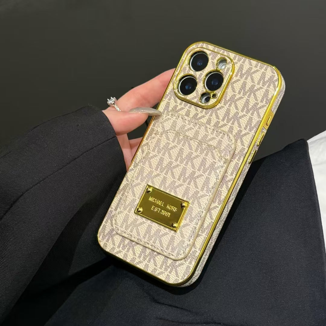 Luxury MK-Inspired Card Holder iPhone Case with Gold Frame