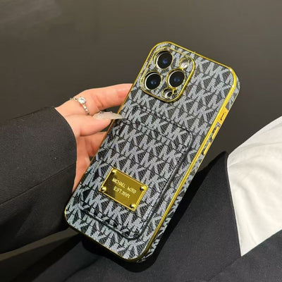 Luxury MK-Inspired Card Holder iPhone Case with Gold Frame