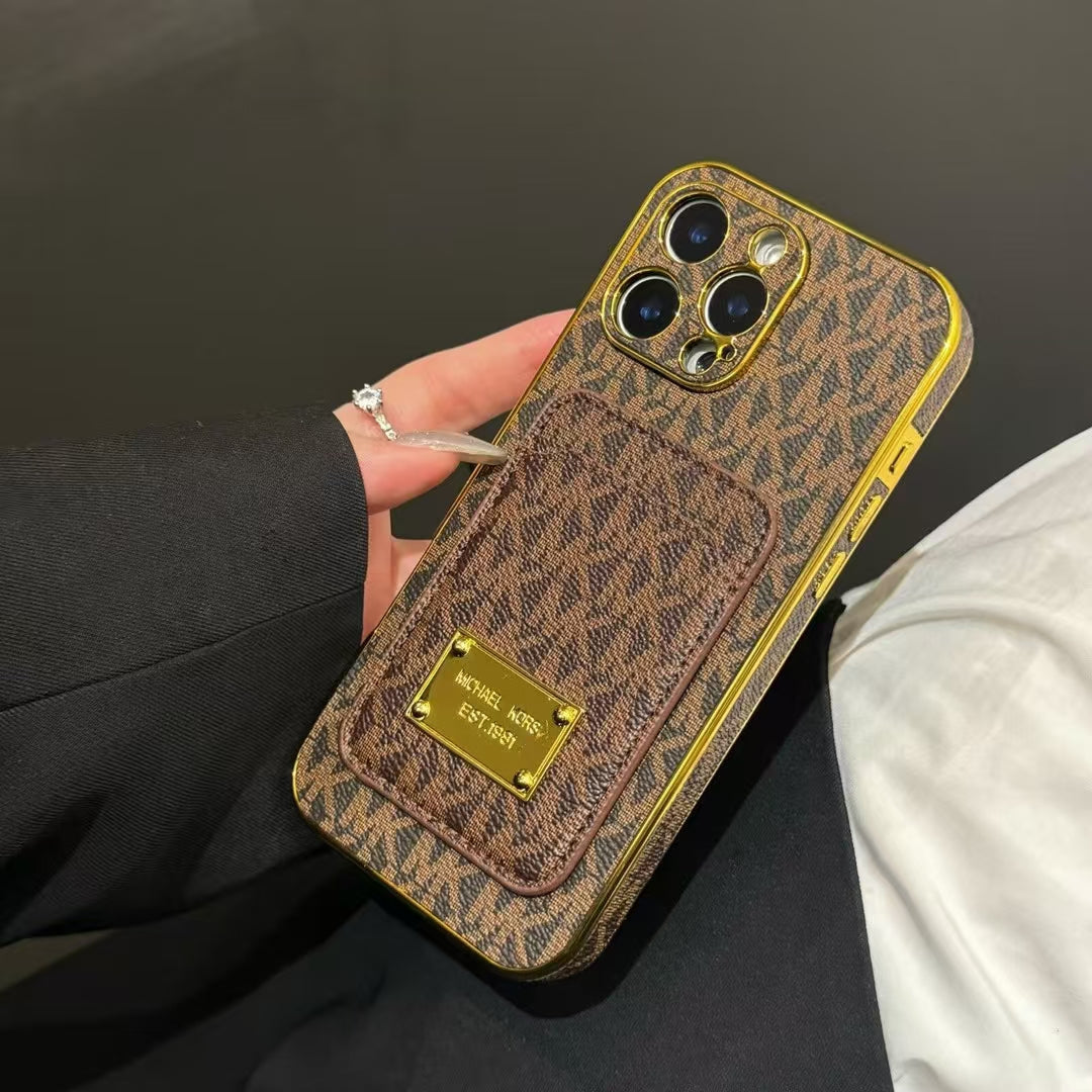 Luxury MK-Inspired Card Holder iPhone Case with Gold Frame
