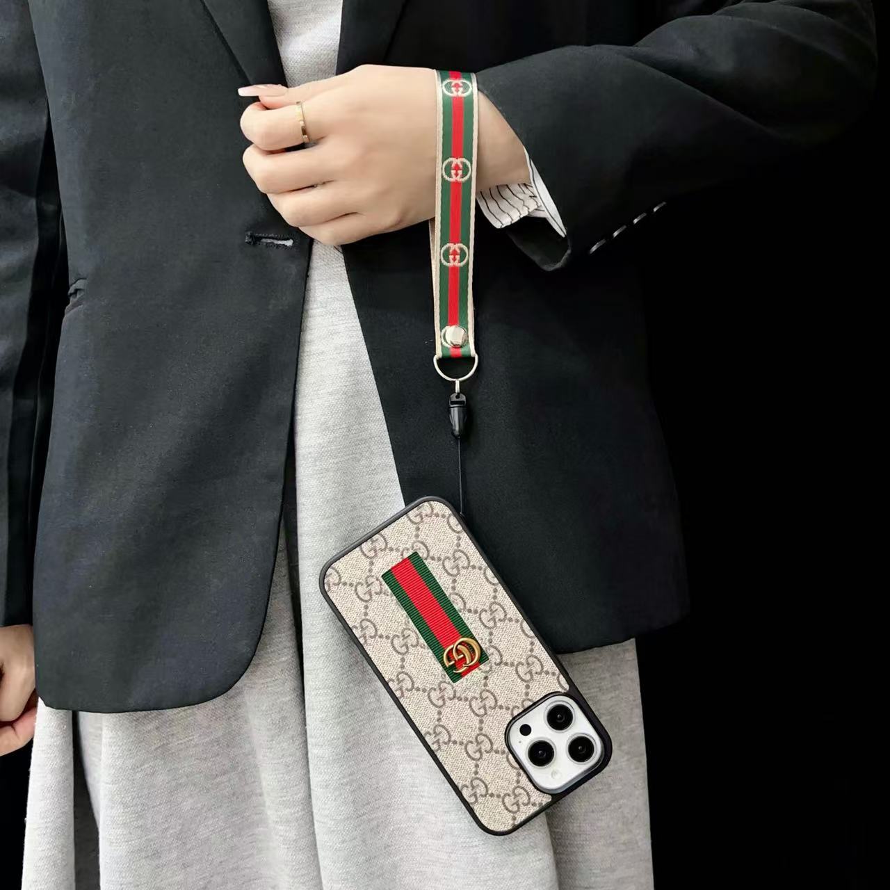 Designer-Inspired Monogram Stripe iPhone Case with Wrist Strap