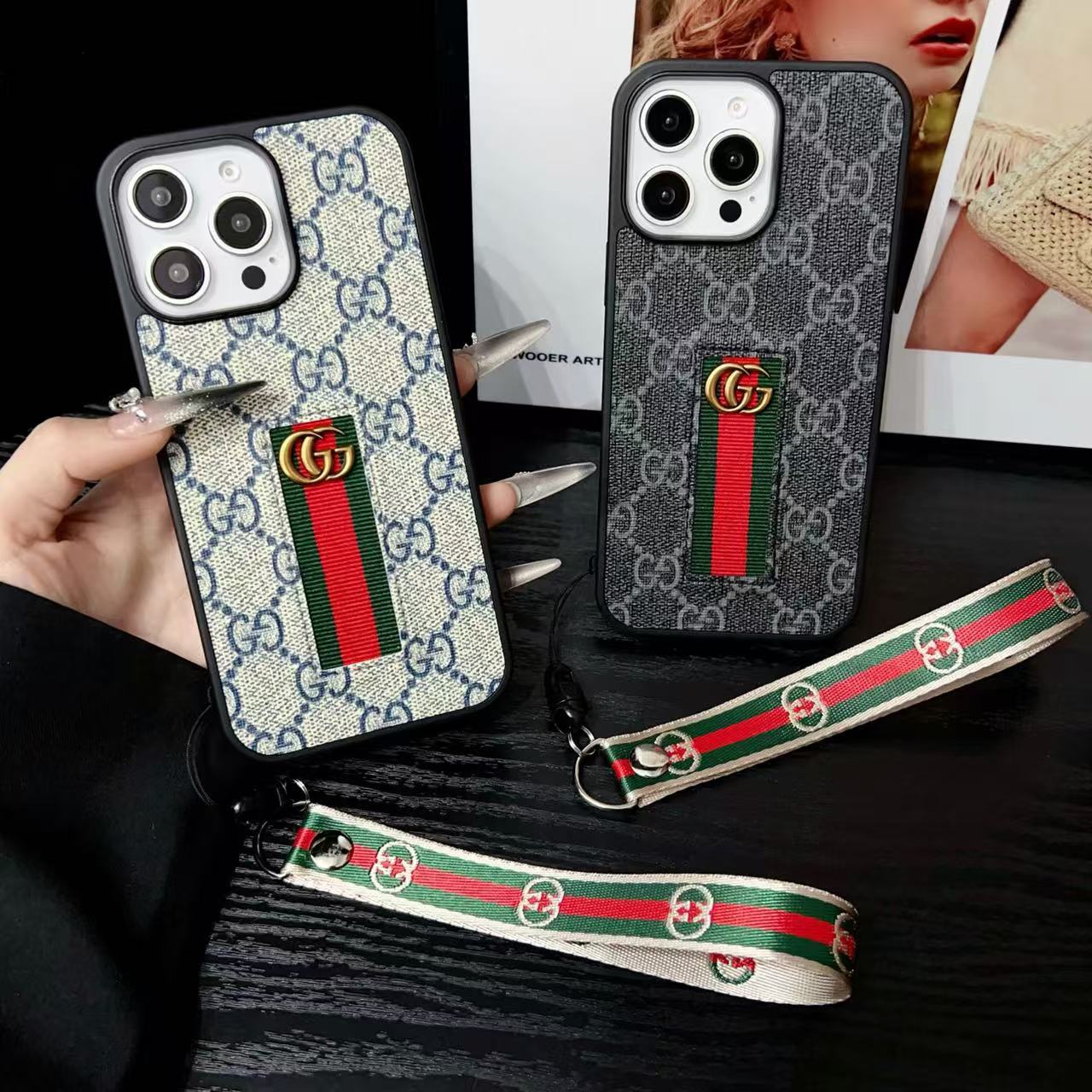 Designer-Inspired Monogram Stripe iPhone Case with Wrist Strap