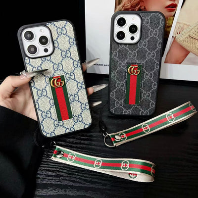 Designer-Inspired Monogram Stripe iPhone Case with Wrist Strap