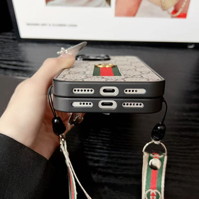 Designer-Inspired Monogram Stripe iPhone Case with Wrist Strap