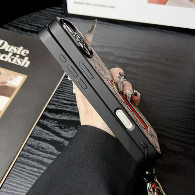 Designer-Inspired Monogram Stripe iPhone Case with Wrist Strap