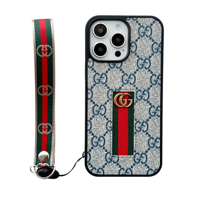 Designer-Inspired Monogram Stripe iPhone Case with Wrist Strap