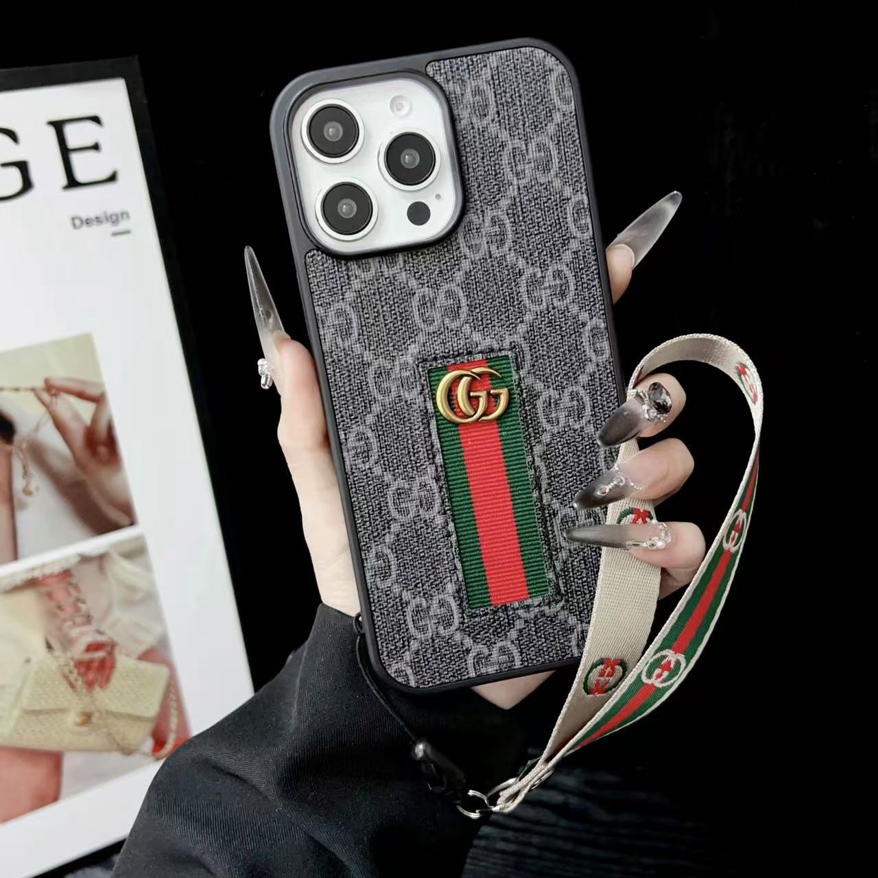 Designer-Inspired Monogram Stripe iPhone Case with Wrist Strap