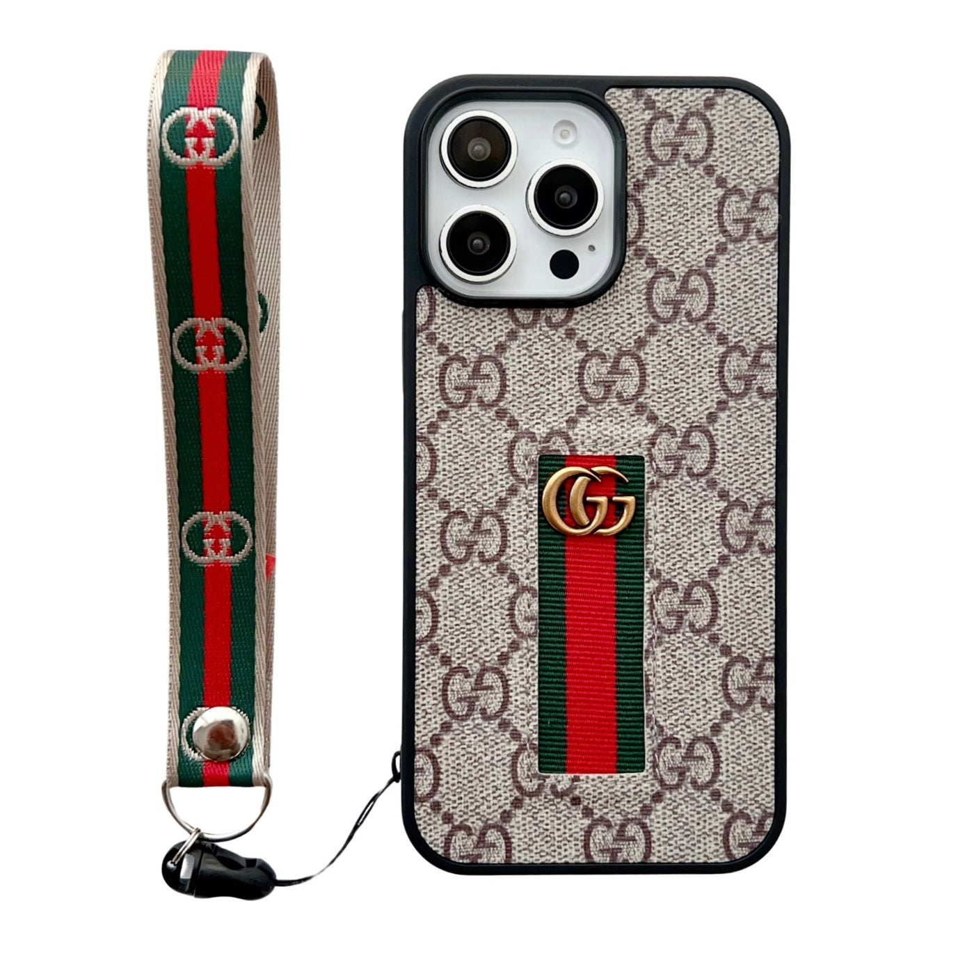 Designer-Inspired Monogram Stripe iPhone Case with Wrist Strap