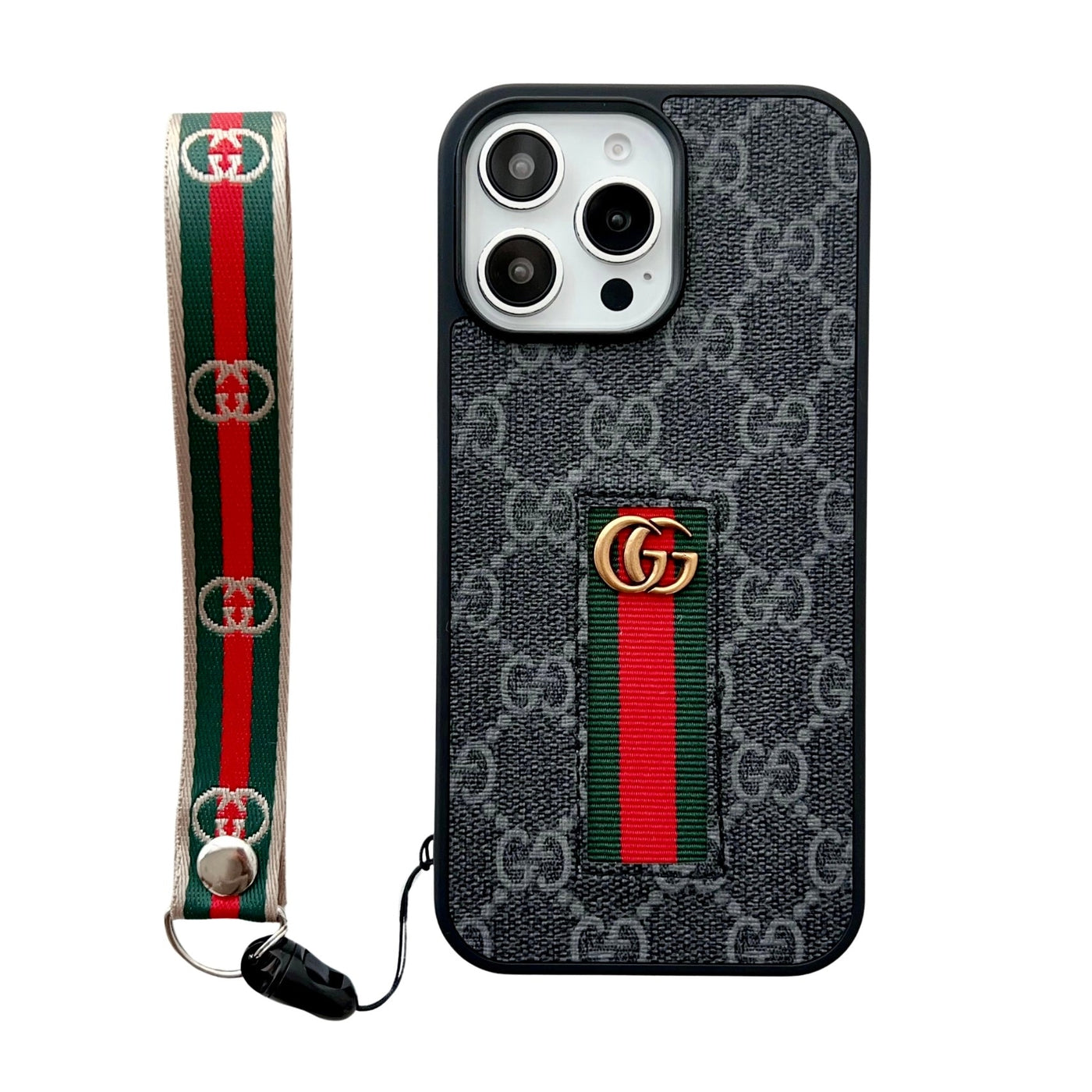 Designer-Inspired Monogram Stripe iPhone Case with Wrist Strap