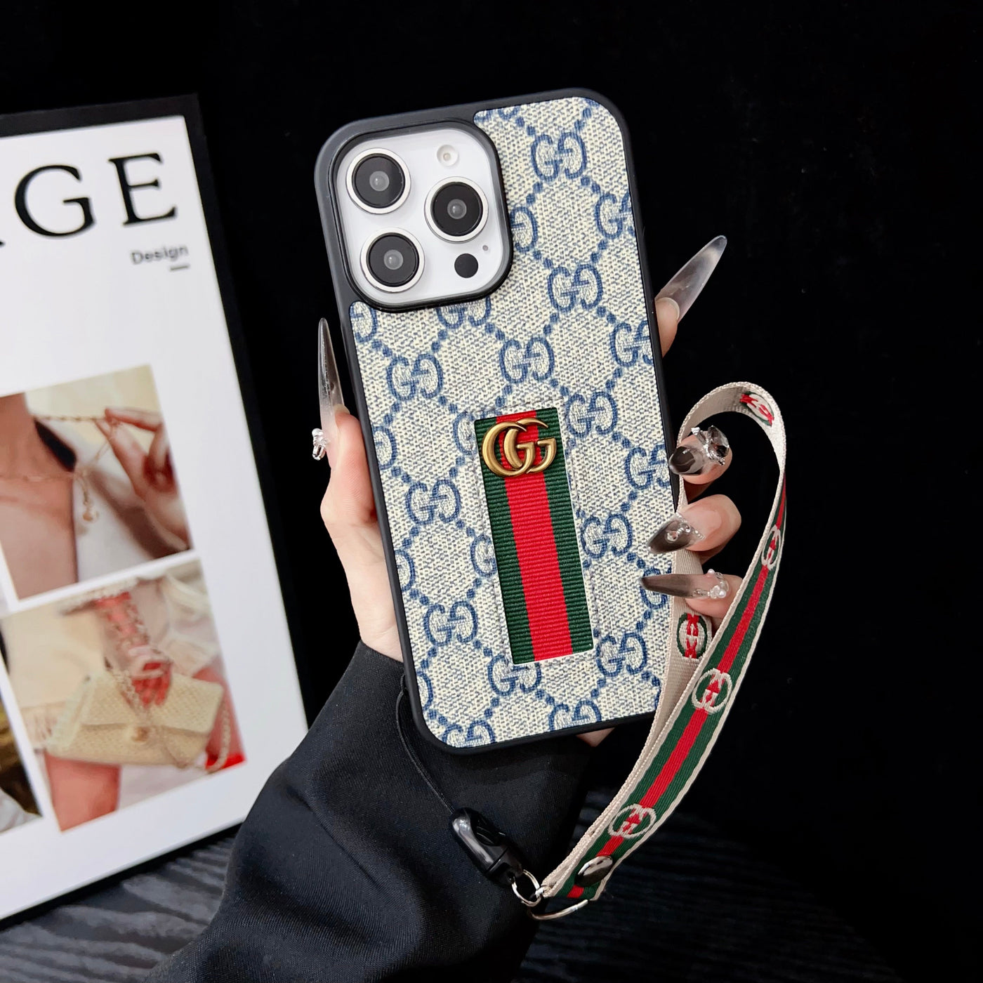 Designer-Inspired Monogram Stripe iPhone Case with Wrist Strap