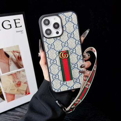 Designer-Inspired Monogram Stripe iPhone Case with Wrist Strap