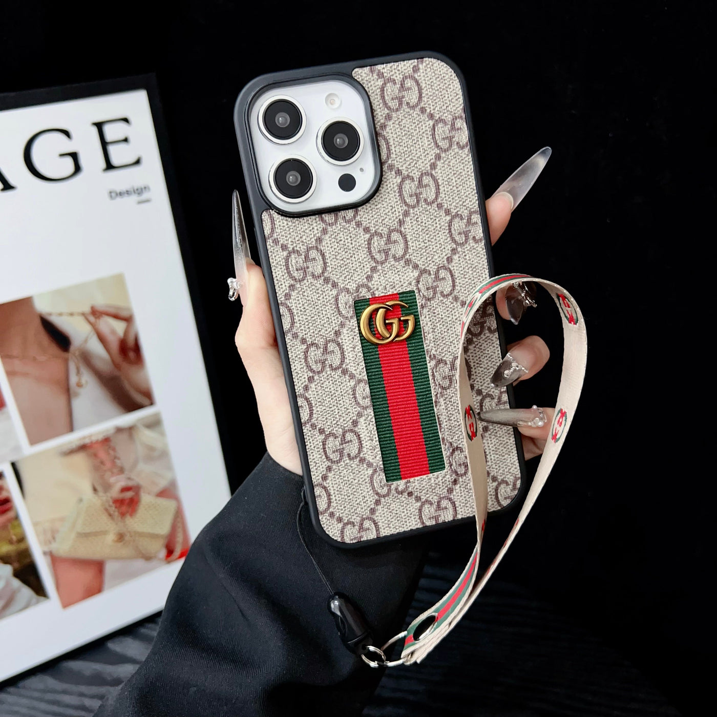 Designer-Inspired Monogram Stripe iPhone Case with Wrist Strap