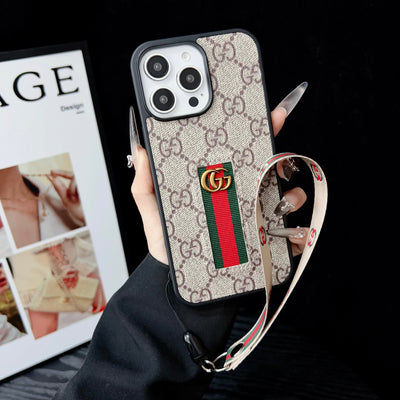 Designer-Inspired Monogram Stripe iPhone Case with Wrist Strap