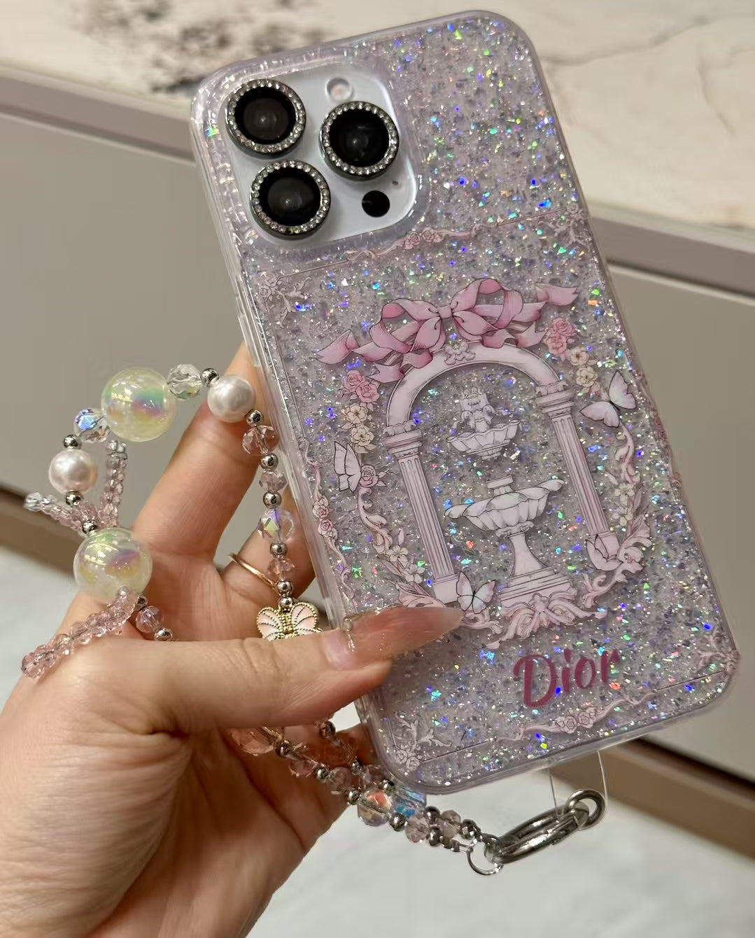 Luxury CD Glitter Garden iPhone Case with Strap