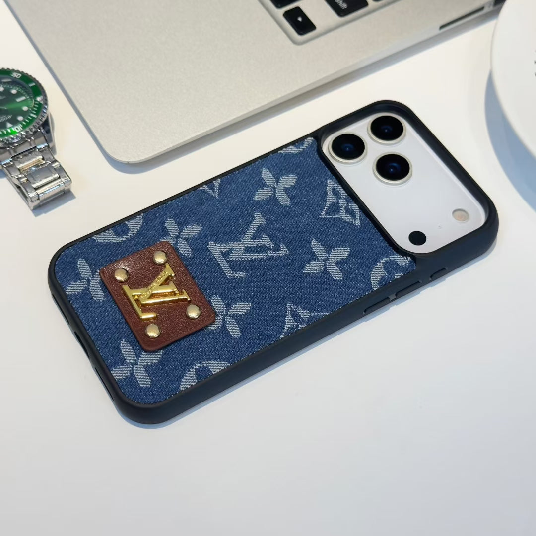 Luxury LV Denim Monogram Phone Case with Logo Plate