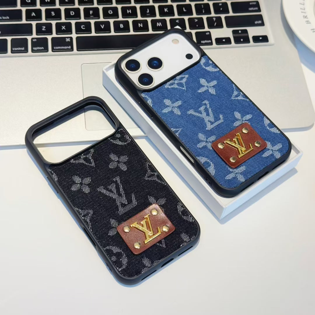 Luxury LV Denim Monogram Phone Case with Logo Plate