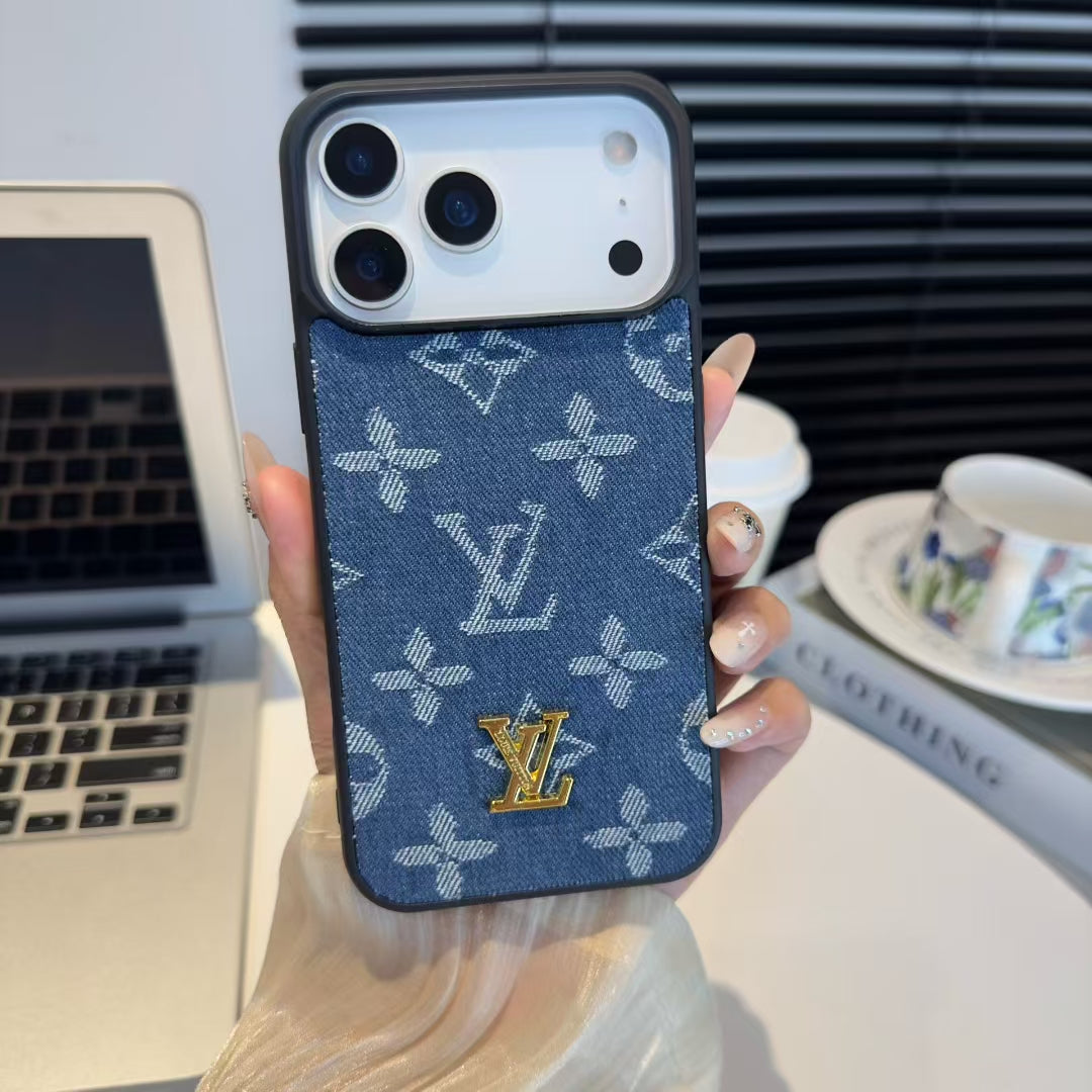 Luxury LV Denim Monogram Phone Case with Logo Plate