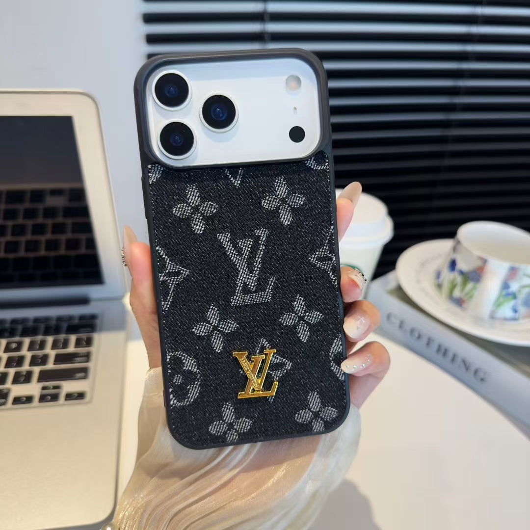 Luxury LV Denim Monogram Phone Case with Logo Plate