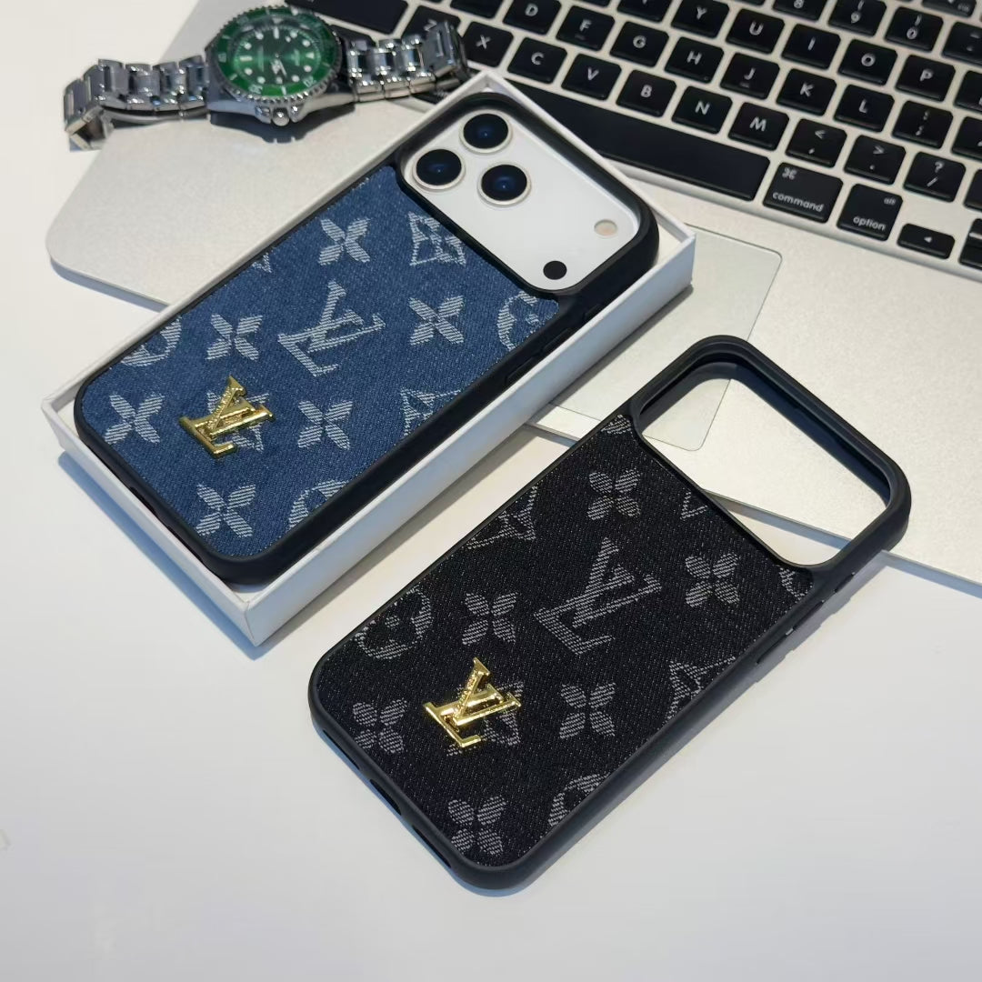 Luxury LV Denim Monogram Phone Case with Logo Plate