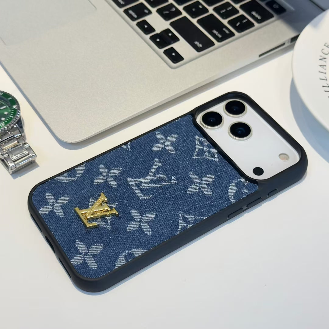 Luxury LV Denim Monogram Phone Case with Logo Plate