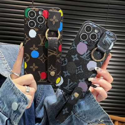 LV-Inspired Multicolor Dot Pattern Phone Case with Hand Strap