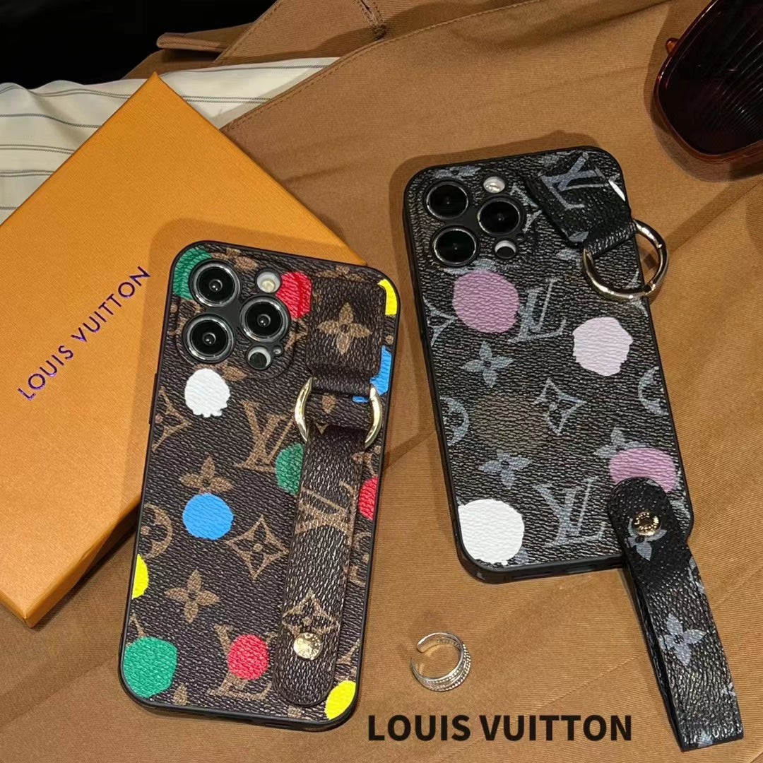 LV-Inspired Multicolor Dot Pattern Phone Case with Hand Strap