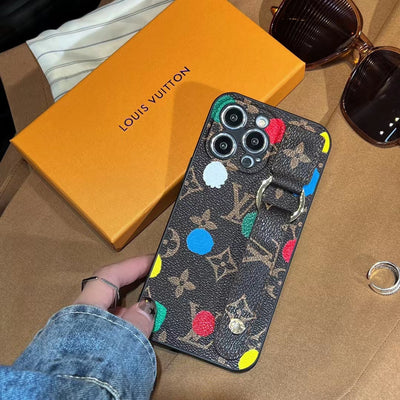 LV-Inspired Multicolor Dot Pattern Phone Case with Hand Strap