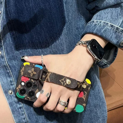 LV-Inspired Multicolor Dot Pattern Phone Case with Hand Strap