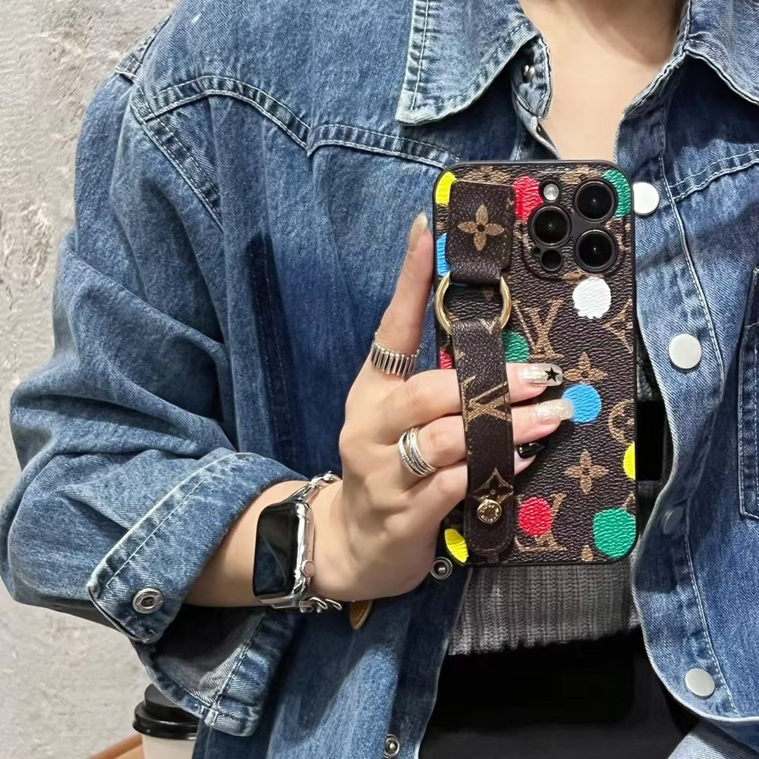 LV-Inspired Multicolor Dot Pattern Phone Case with Hand Strap