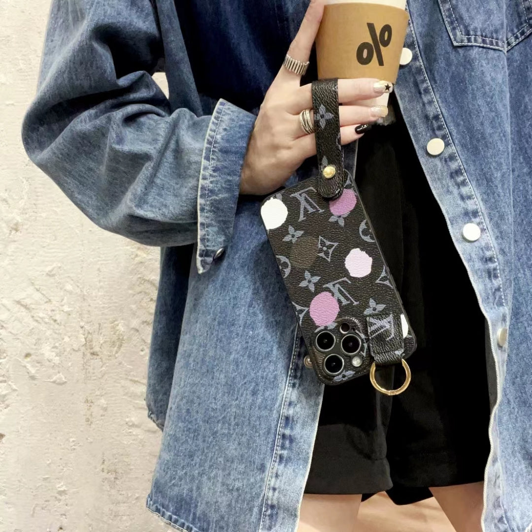 LV-Inspired Multicolor Dot Pattern Phone Case with Hand Strap