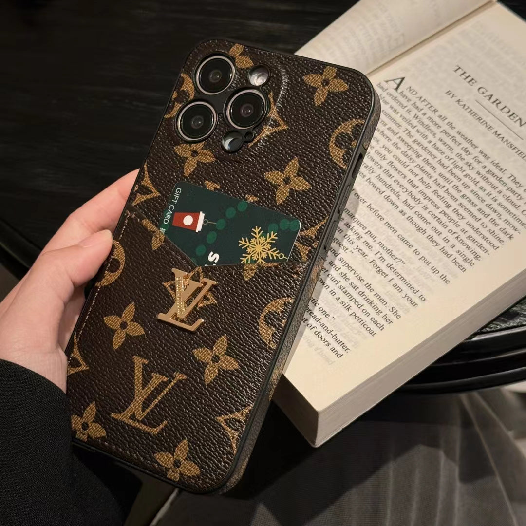 Luxury LV Monogram Phone Case with Card Holder for iPhone