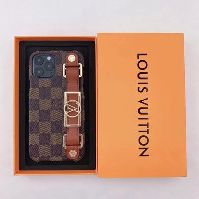 Designer iPhone case adorned with LV insignia