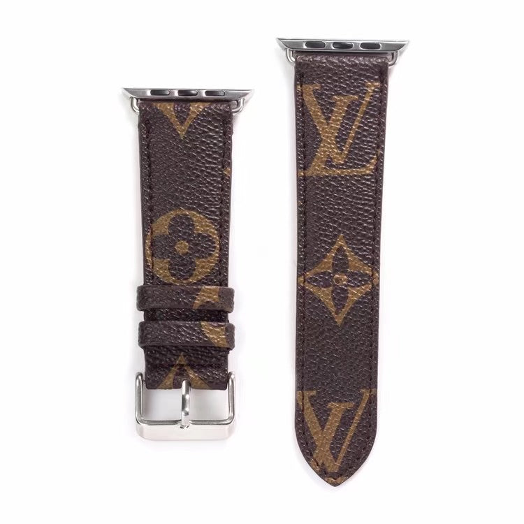 Classic brown LV monogram leather strap for Apple Watch.