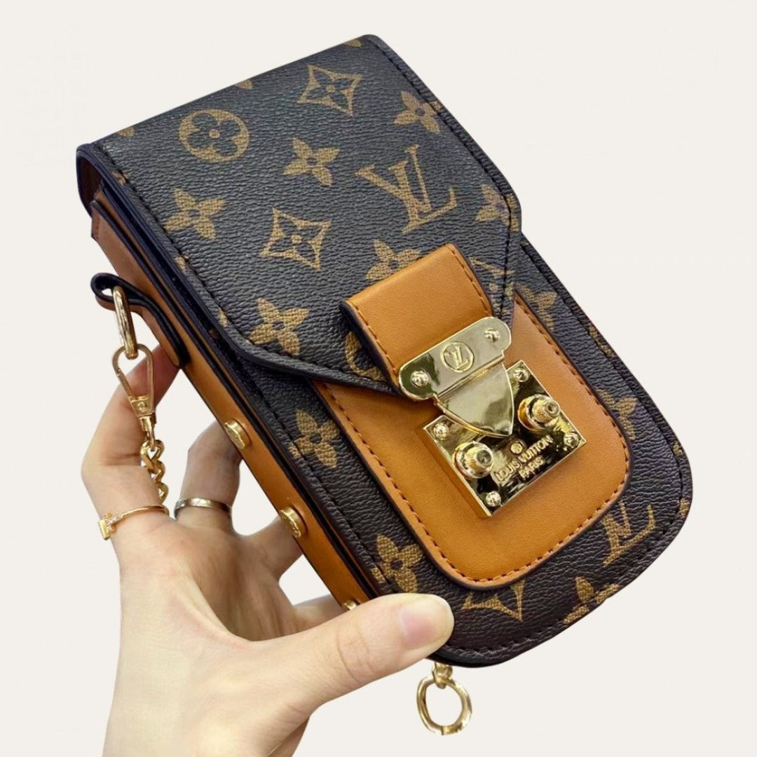 Iconic LV monogram design on phone pouch